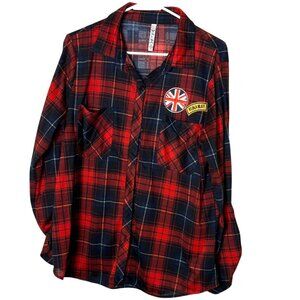 RnB Plaid Button Front Shirt 1X Red Navy Tartan Roll Tab Sleeve Top Grunge Punk